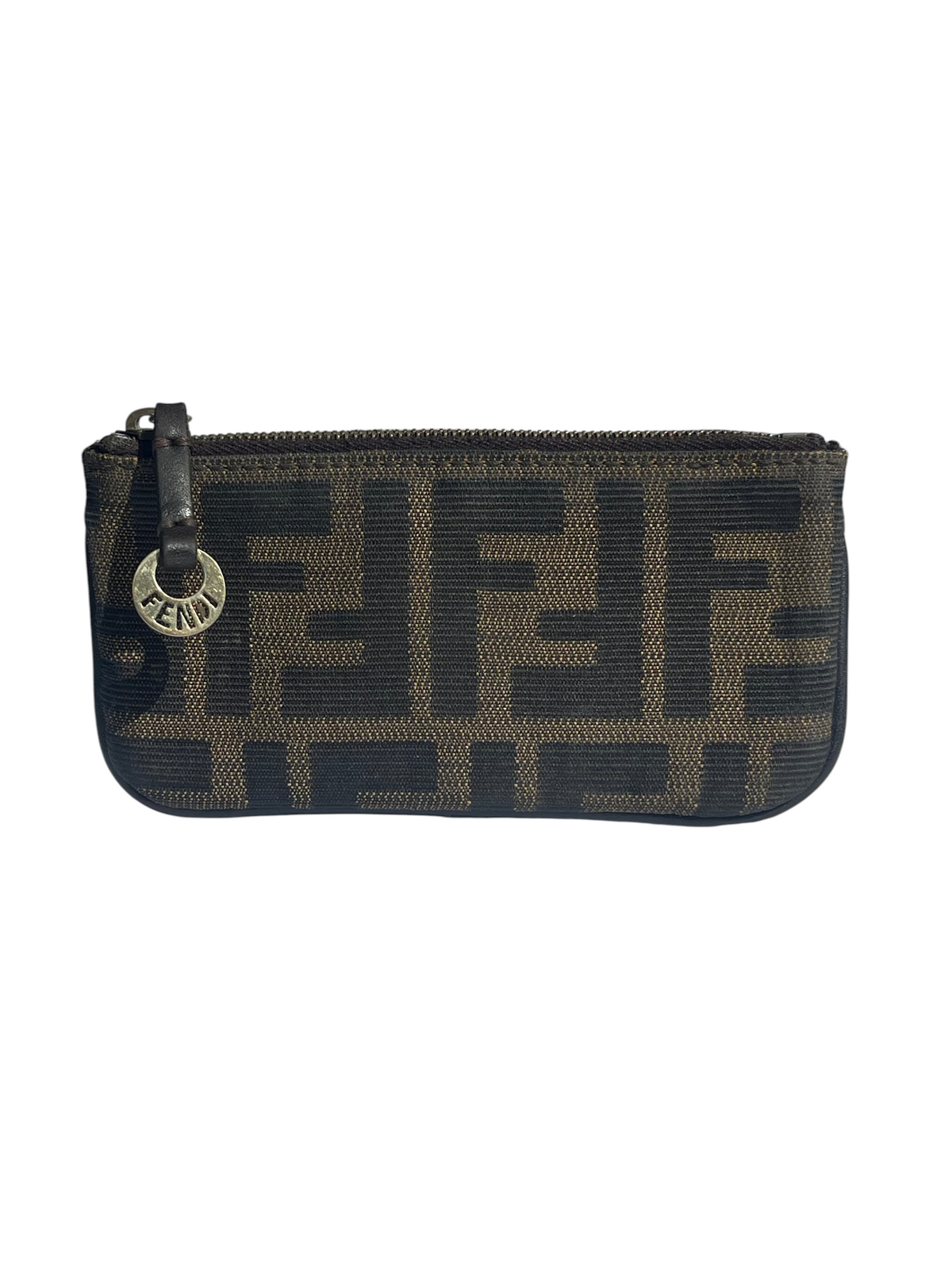 A Fendi zip-around pouch featuring the signature FF monogram pattern in brown and black canvas, with a gold-tone Fendi logo charm on the zipper pull, set against a neutral gray background.