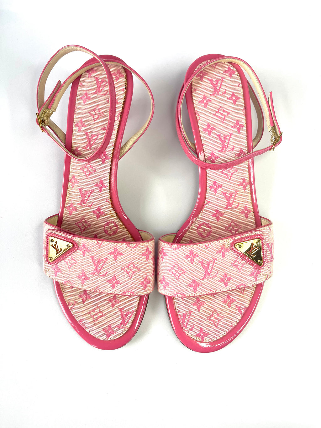 Louis Vuitton Mini Lin Pink Canvas Kitten Heels Sandals