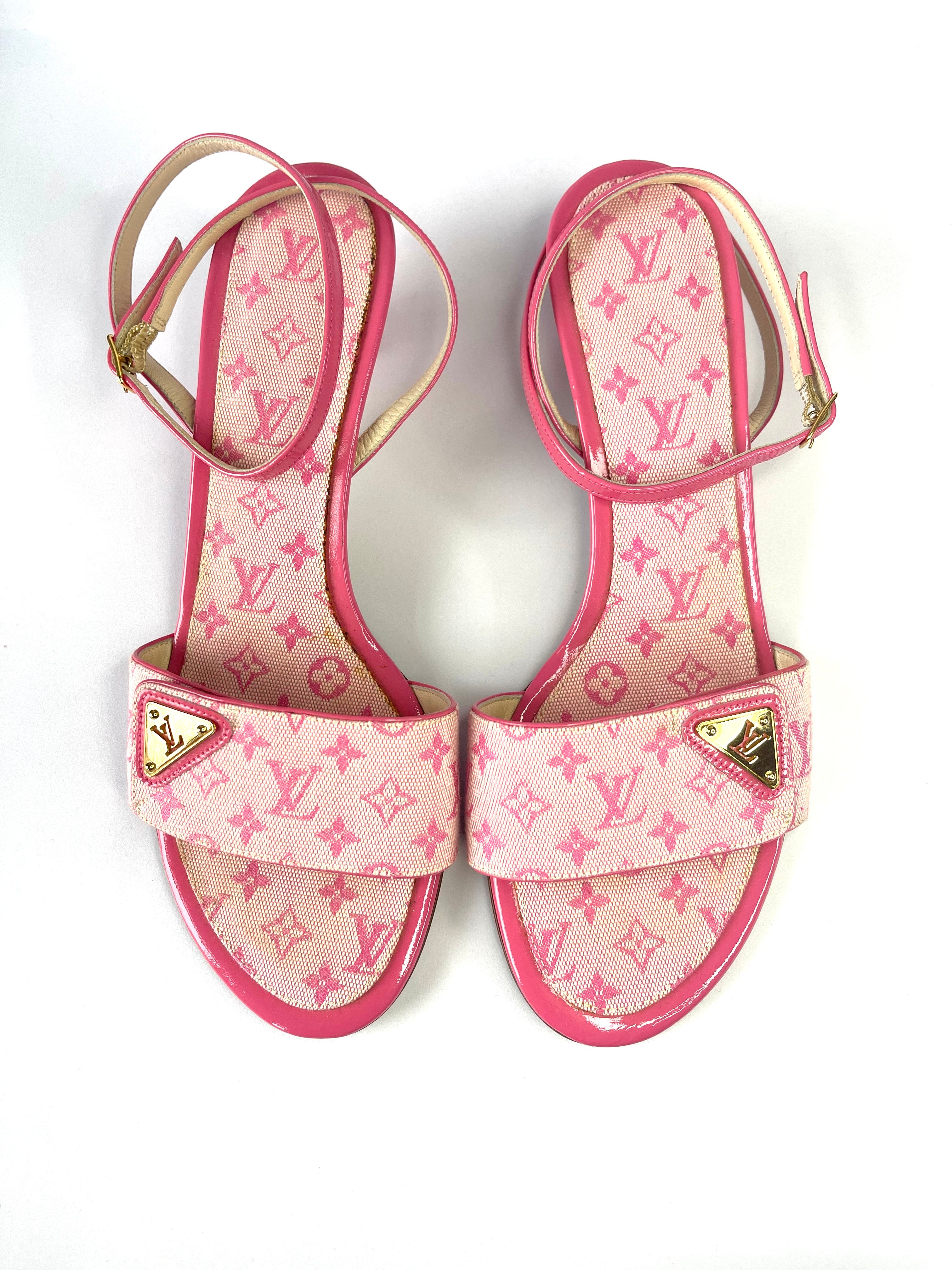 Louis Vuitton Mini Lin Pink Canvas Kitten Heels Sandals