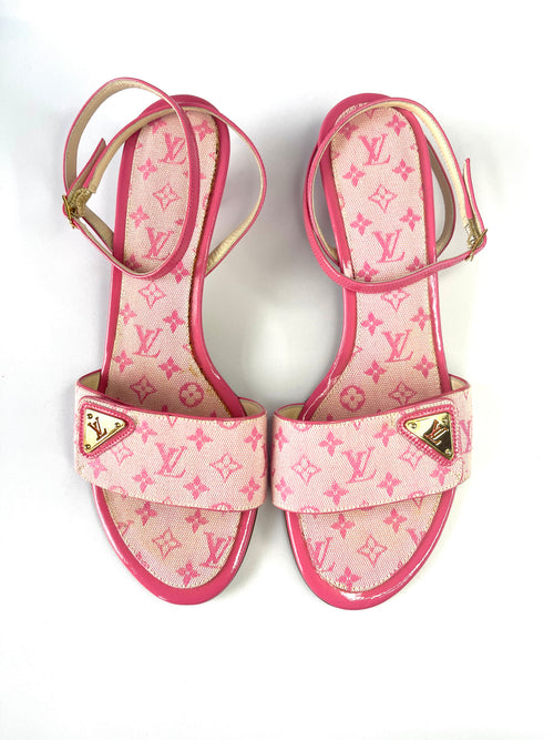 Louis Vuitton Mini Lin Pink Canvas Kitten Heels Sandals