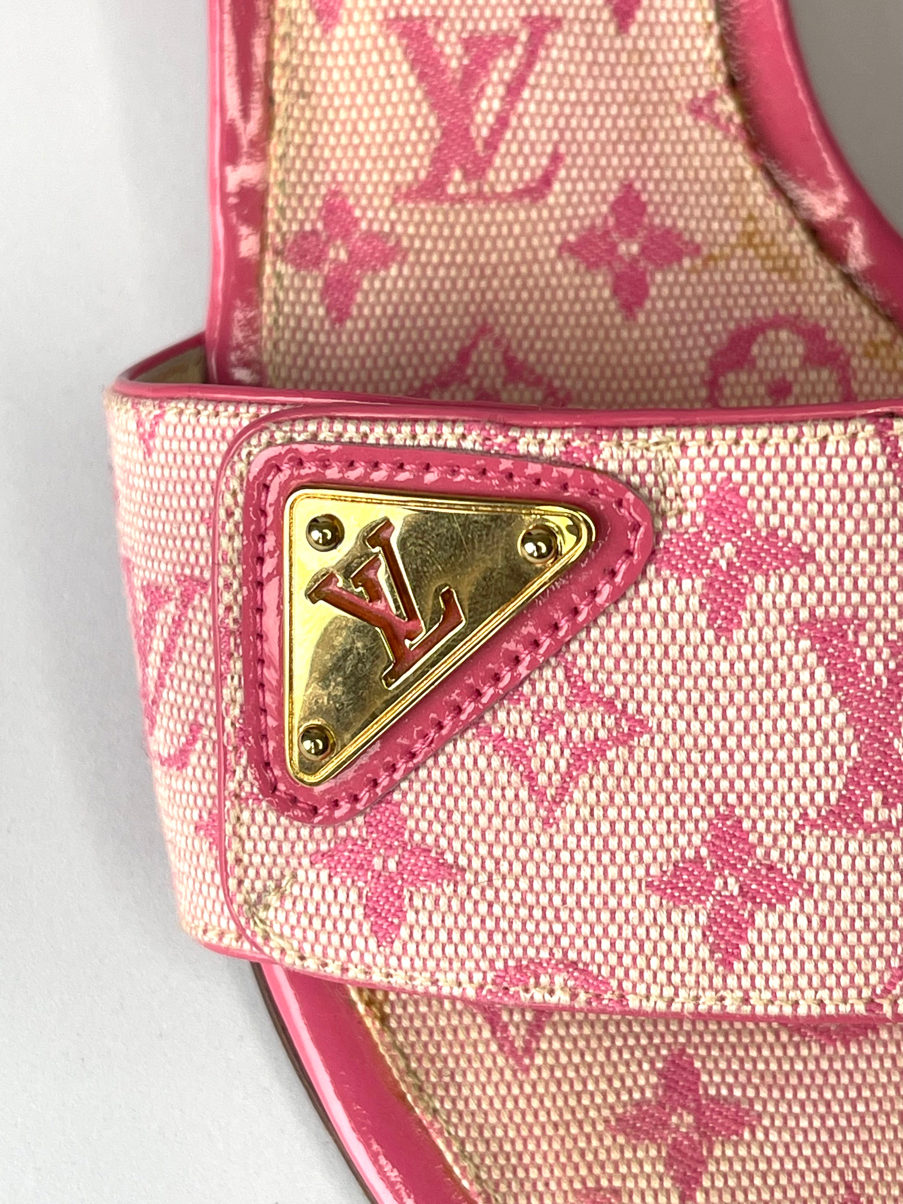 Louis Vuitton Mini Lin Pink Canvas Kitten Heels Sandals