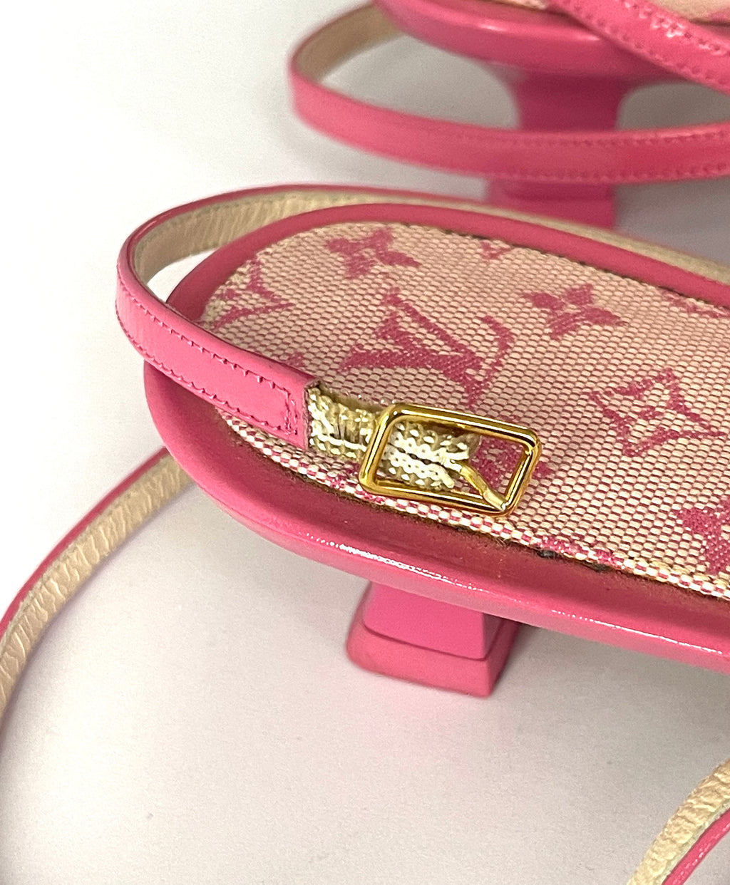Louis Vuitton Mini Lin Pink Canvas Kitten Heels Sandals