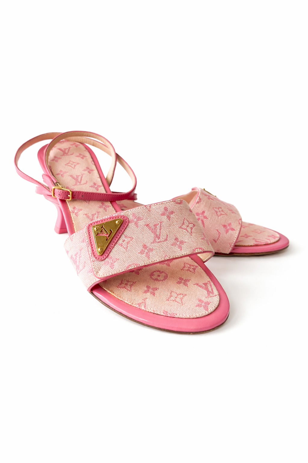 Louis Vuitton Mini Lin Pink Canvas Kitten Heels Sandals