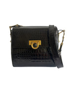 Black Croco-Embossed Leather La Medusa Greca Goddess Bag