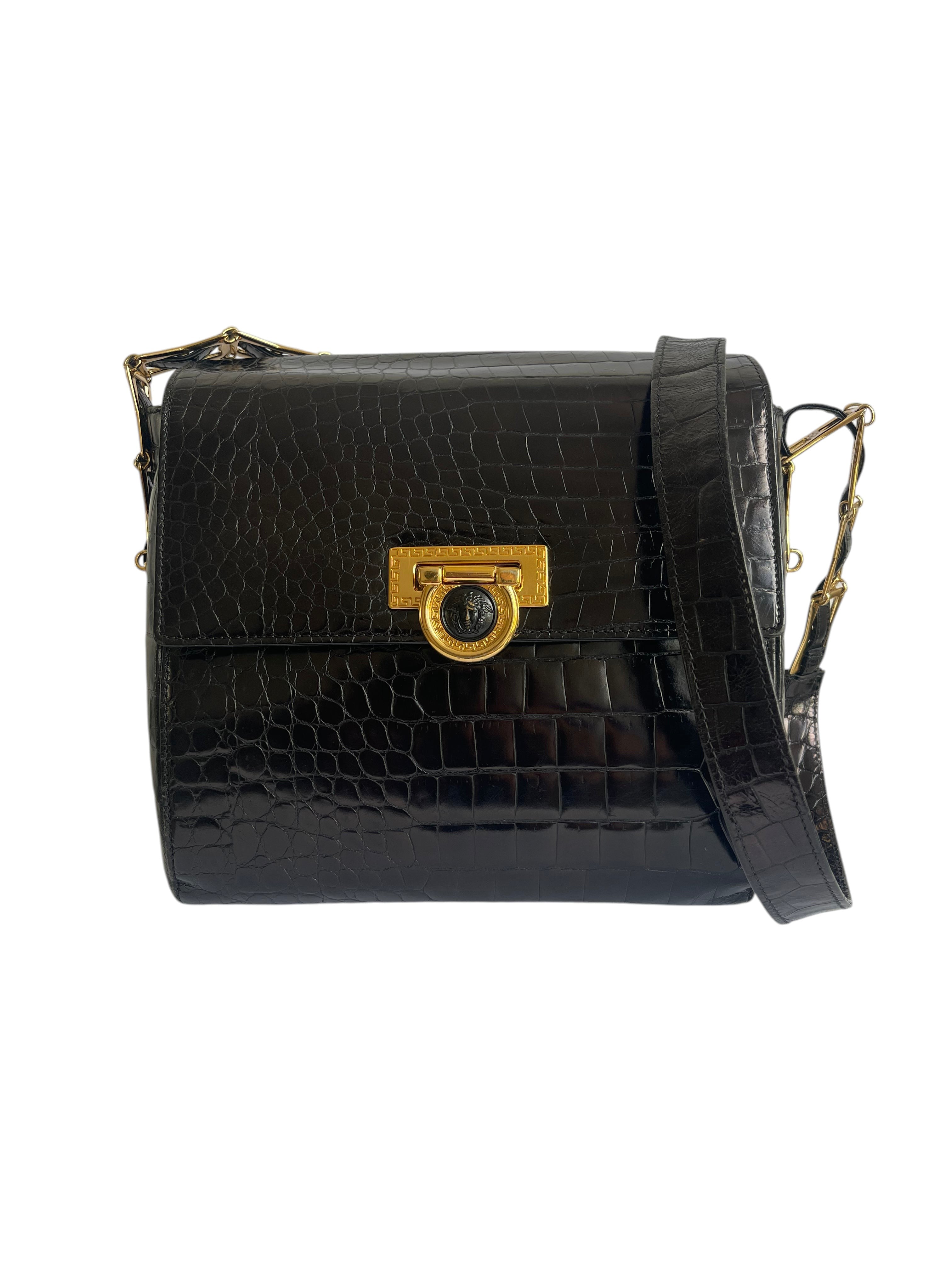 Black Croco-Embossed Leather La Medusa Greca Goddess Bag