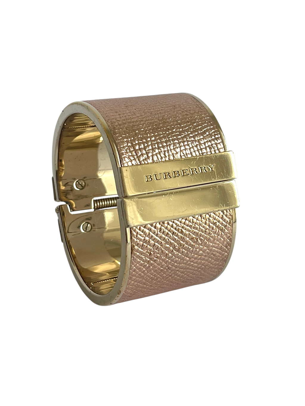 MODEVESTIGE Burberry gold-tone hinged cuff bracelet featuring textured rose-colored leather and a polished metal finish