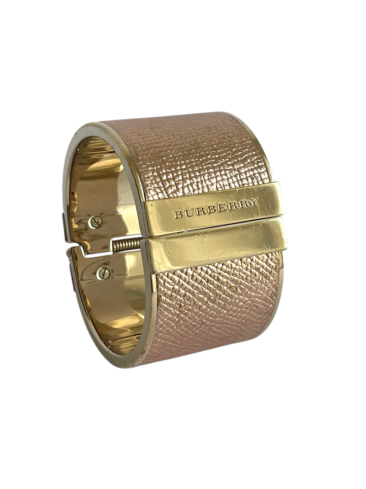 MODEVESTIGE Burberry gold-tone hinged cuff bracelet featuring textured rose-colored leather and a polished metal finish