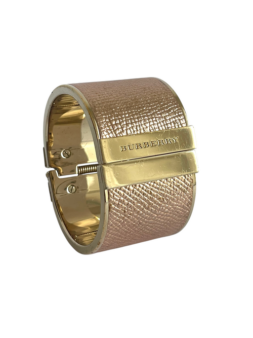 MODEVESTIGE Burberry gold-tone hinged cuff bracelet featuring textured rose-colored leather and a polished metal finish