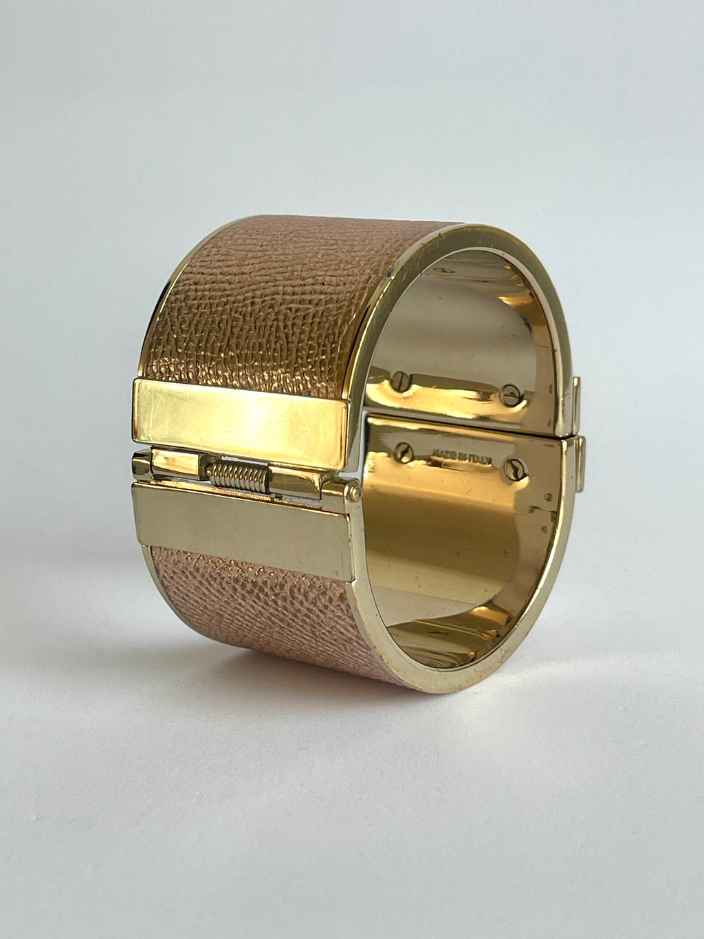 Gold Hinged Printed Rose Leather Cuff Bangle Bracelet