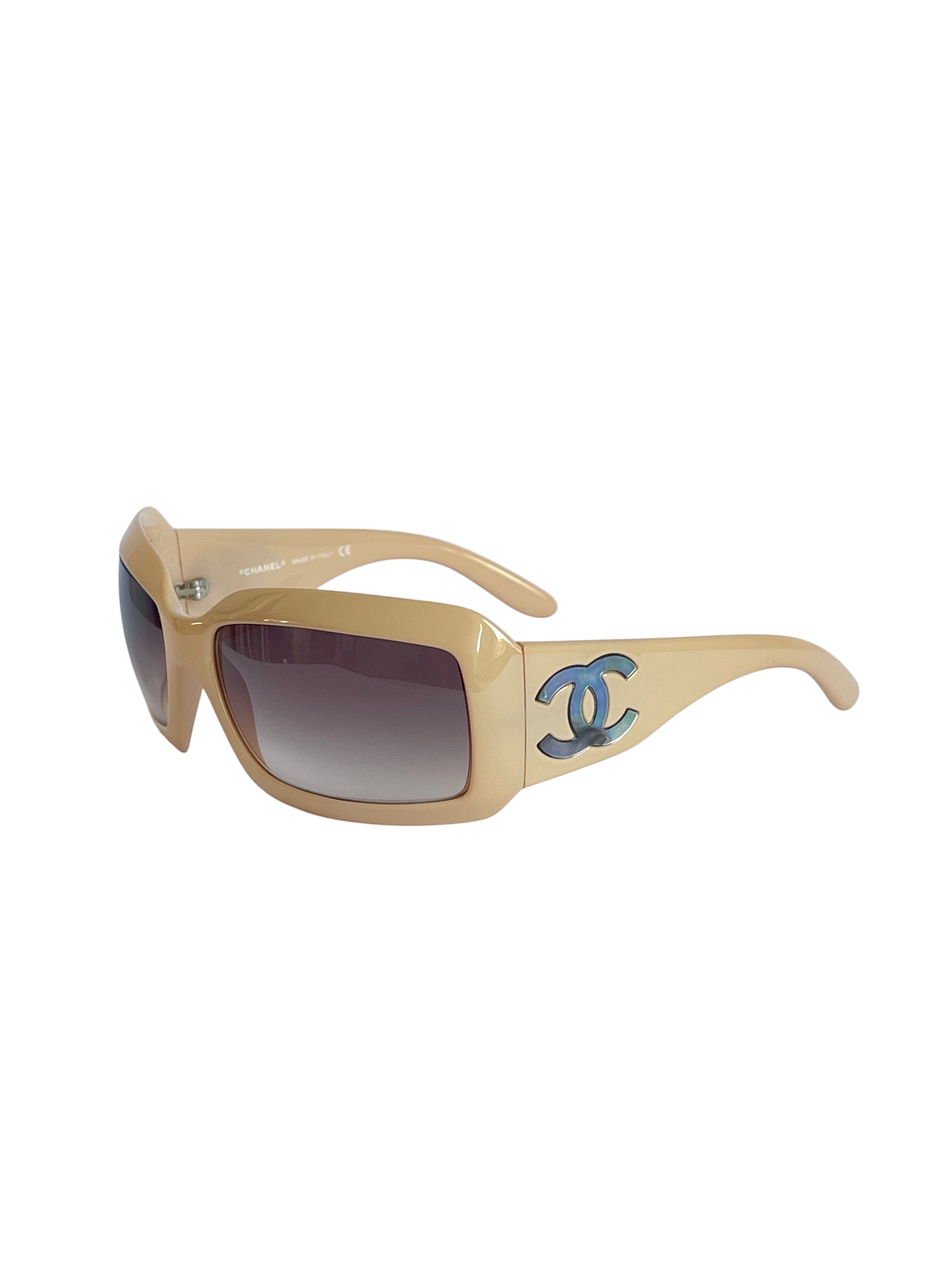 MODEVESTIGE vintage CHANEL beige shield sunglasses with gradient brown lenses and mother-of-pearl CC logo on temples.